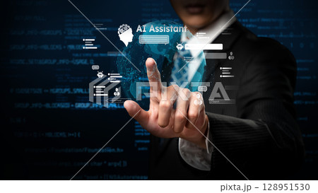 Human interact with AI artificial intelligence virtual assistant FaaS 128951530