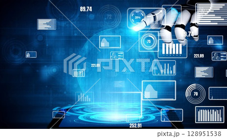 Advanced robotic hand interacting with digital interface showcasing data analytics, graphs, statistics, and technology elements for future innovations xenic Advanced robotic hand interacting with digital interface showcasing data analytics, graphs, statistics, and technology elements for future innovations xenic 128951538