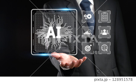 Futuristic Concepts of Artificial Intelligence with Businessman Presenting AI Technology and Digital Interfaces in Dark Background XDMCP 128951578