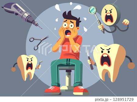 Flat illustration of a man who is afraid of dental instruments. Flat illustration of a man who is afraid of dental instruments. 128951729