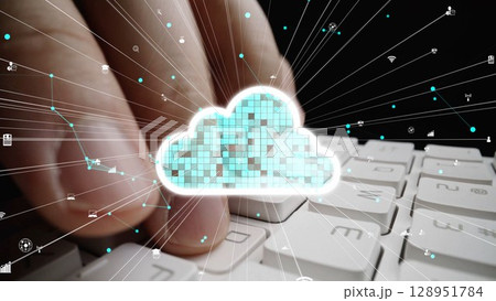 Abstract depiction of cloud computing with digital data transfer, technology concept of data security and connectivity on modern keyboard background xenic Abstract depiction of cloud computing with digital data transfer, technology concept of data security and connectivity on modern keyboard background xenic 128951784