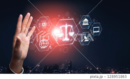 Digital law interface displaying justice scale, highlighting digital law Muxer Digital law interface displaying justice scale, highlighting digital law Muxer 128951863