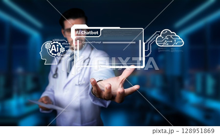 Doctor Engaging with AI Chatbot Technology in a Modern Healthcare Environment for Enhanced Patient Interaction and Virtual Assistance. PHMT 128951869