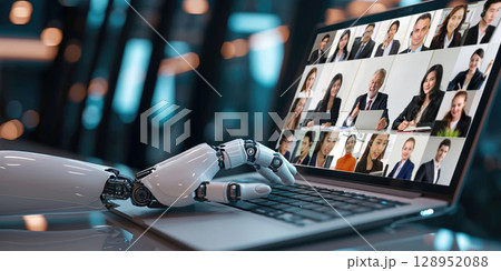 Business people on video conference for brisk virtual group meeting Business people on video conference for brisk virtual group meeting 128952088