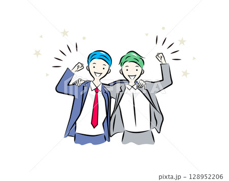 肩を組んでガッツポーズをする同僚ビジネスマン｜ビジネスイラストシリーズ 128952206