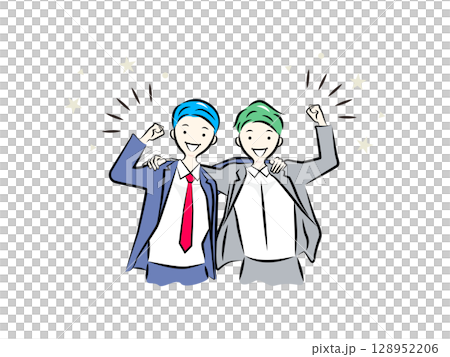 肩を組んでガッツポーズをする同僚ビジネスマン｜ビジネスイラストシリーズ 128952206