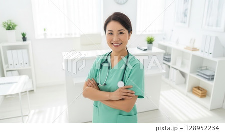 Smiling Female Healthcare Professional in Modern Clinic Smiling Female Healthcare Professional in Modern Clinic 128952234