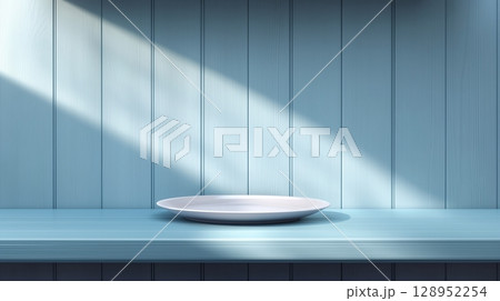 Luxury blue wooden countertop and plate spotlight display branding product promotion presentation 128952254