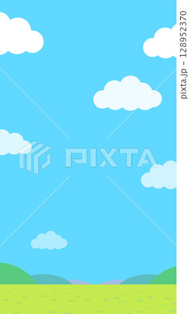 青空とたくさんの雲と草原の縦長のシンプルなイラスト 128952370