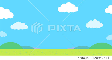 青空とたくさんの雲と草原の横長のシンプルなイラスト 青空とたくさんの雲と草原の横長のシンプルなイラスト 128952371