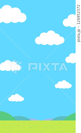青空とたくさんの雲と草原の縦長のシンプルなイラスト 青空とたくさんの雲と草原の縦長のシンプルなイラスト 128952372