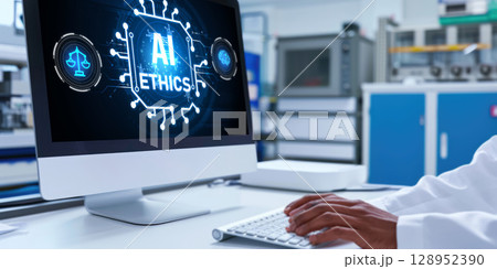 AI ethics responsibility standard law and rules on computer screen brisk 128952390
