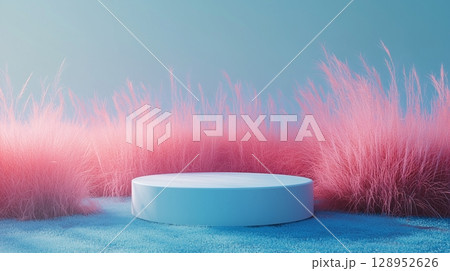 Podium stage with grass show case display wall blue background Podium stage with grass show case display wall blue background 128952626