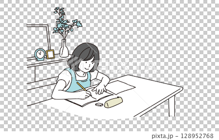 リビングで勉強をする小学生のシンプルイメージイラスト リビングで勉強をする小学生のシンプルイメージイラスト 128952768