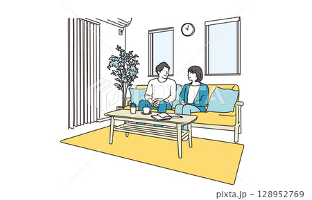 リビングのソファーでくつろぐ若い夫婦のシンプルイメージイラスト 128952769