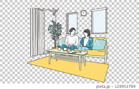 リビングのソファーでくつろぐ若い夫婦のシンプルイメージイラスト 128952769