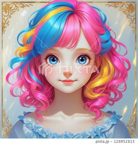 カラフルな髪の毛　可愛らしい少女のアイコン　AI画像 128952813