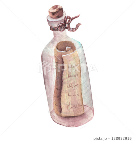 Watercolor hand made pirate sea glass bottle with letter. 128952919