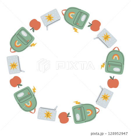 Simple school circle frame. Round school themed border made of different school objects. Soft pastel colors back to school hand drawn vector banner isolated on white background. Simple school circle frame. Round school themed border made of different school objects. Soft pastel colors back to school hand drawn vector banner isolated on white background. 128952947