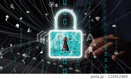 Security Concept with Digital Lock and Cyber Symbols Representing Data Protection, Online Privacy, and Internet Safety in Technology Sphere xenic 128952969
