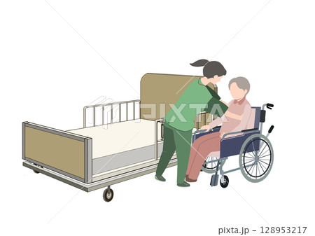 介護ベットを試した老人を車椅子に移乗している介護士の絵 128953217