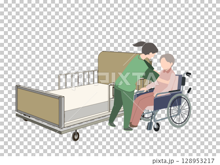 A picture of a caregiver transferring an elderly person who has tried out a care bed to a wheelchair 128953217