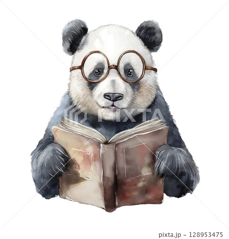 Cute panda bear wearing round glasses, holding open book with curious expression, illustrated in watercolor style 128953475