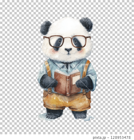 Adorable panda dressed as scholar with glasses, holding book, wearing shirt and suspenders, cute and intelligent look, watercolor illustration Adorable panda dressed as scholar with glasses, holding book, wearing shirt and suspenders, cute and intelligent look, watercolor illustration 128953478