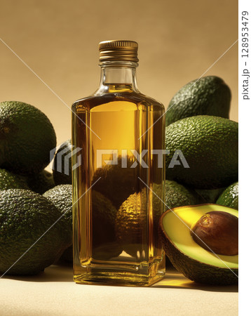 Glass bottle of avocado oil surrounded by fresh avocados, with one cut open showing seed, highlighting natural and healthy oil content 128953479