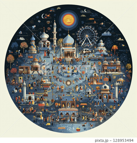 Illustration of vibrant festival scene with diverse activities, colorful decorations, and joyful people celebrating around iconic structures night 128953494