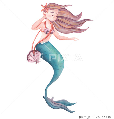Watercolor cute mermaid in blue. Children's illustration for scrapbooking Watercolor cute mermaid in blue. Children's illustration for scrapbooking 128953540