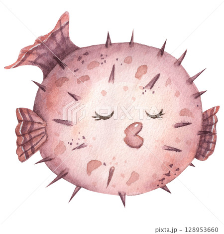 Puffer fish watercolor, cute children's illustration. 128953660