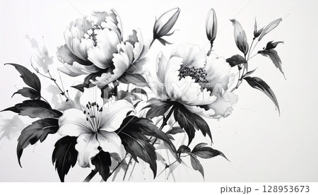 墨絵で描く牡丹と百合の花の白黒画 128953673