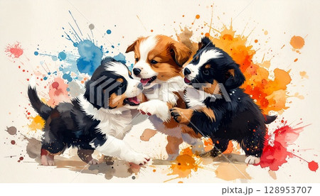 彩色墨絵で描く子犬達の戯れ風景 128953707