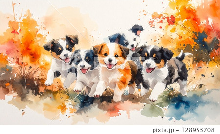 彩色墨絵で描く子犬達の戯れ風景 128953708