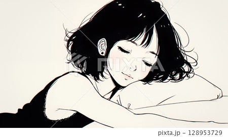 幸せそうな寝顔で眠っている若い女性（シンプルな色使い）