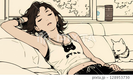 幸せそうな寝顔で眠っている若い女性（シンプルな色使い）