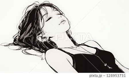 幸せそうな寝顔で眠っている若い女性（シンプルな色使い）
