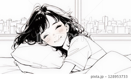 幸せそうな寝顔で眠っている若い女性（シンプルな色使い）