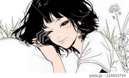 幸せそうな寝顔で眠っている若い女性（シンプルな色使い）