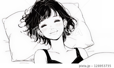 幸せそうな寝顔で眠っている若い女性（シンプルな色使い）