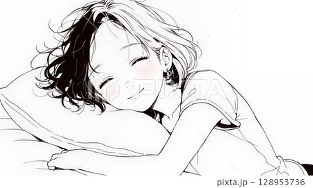 幸せそうな寝顔で眠っている若い女性（シンプルな色使い）