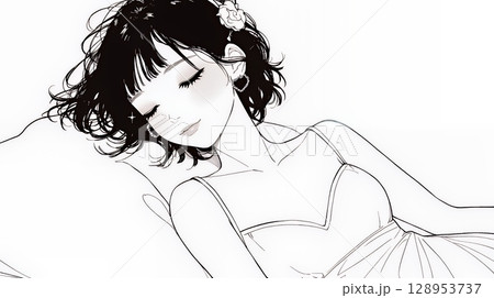 幸せそうな寝顔で眠っている若い女性（シンプルな色使い）