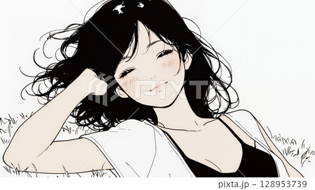 幸せそうな寝顔で眠っている若い女性（シンプルな色使い）
