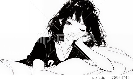 幸せそうな寝顔で眠っている若い女性（シンプルな色使い）