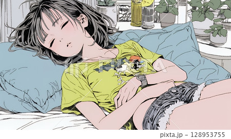 幸せそうな寝顔で眠っている若い女性 128953755