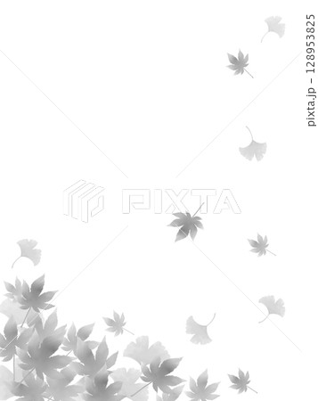 舞い落ちる紅葉とイチョウの葉の水彩モノクロ背景イラスト 128953825