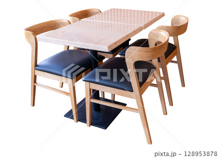 Modern dining table with steel legs and chair with  leather cushion isolated 128953878