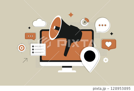 Digital marketing strategy with megaphone, audience targeting, content promotion and online advertising. Digital marketing strategy - social media campaign elements on screen. Vector illustration 128953895