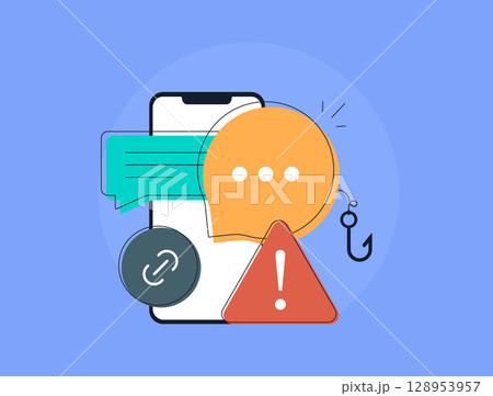 Smishing alert icon in group chat with fake SMS or messenger links. Warning about phishing link risks and spam link in chat groups. Smishing attack scenarios in mobile messaging vector illustration Smishing alert icon in group chat with fake SMS or messenger links. Warning about phishing link risks and spam link in chat groups. Smishing attack scenarios in mobile messaging vector illustration 128953957
